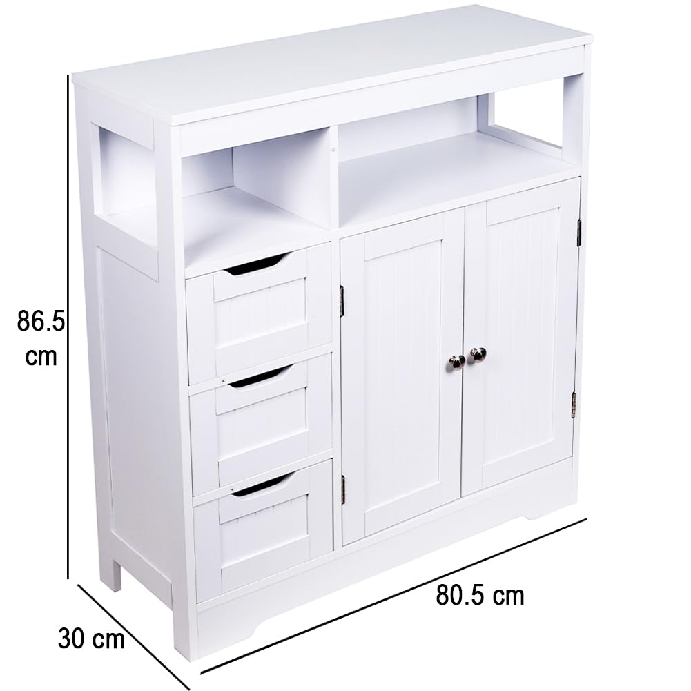 Shally Dogan Mobile da Bagno in Legno Bianco con 3 Cassetti, 2 Ante e 2 Ripiani Salvaspazio, Mobiletto Multiuso da Terra, Armadietto Autoportante per Soggiorno, Cucina, Ufficio, Armadio 80.5x30x86.5cm