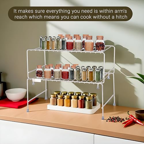 Image of Kuber Industries 2 Pcs Set Stainless Steel Kitchen Storage Rack - Oil, Masala & Spice Stand Tray - Kitchen Counter Top Corner Shelf Organizer Countertop- Silver