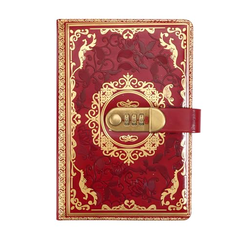 Diario de piel auténtica con cerradura, diario vintage A5 para mujeres y adolescentes, cubierta en relieve de flores, 200 páginas a rayas, regalo para cumpleaños o Navidad (rojo vino)