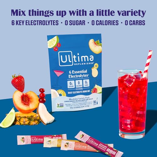 ultima replenisher daily electrolyte powder drink mix  sugar free  mocktini variety 16 stickpacks  hydration packets with 6 key electrolytes and trace minerals  keto friendly non-gmo