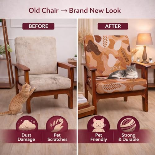 Image of STITCHNEST 'Contour Fit Series' Stretchable Printed Wooden Sofa Cover (Pack of 2) - Elastic Wooden Chair Cover | Wooden Sofa Seat Cover | Size - 20-21 x 20-21 x 3-5 in