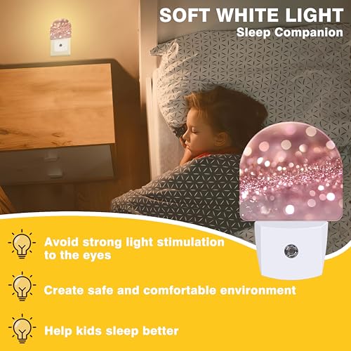 Image of Night Lights Plug into Wall Rose Pink Glitter Night Light Dusk to Dawn Smart Sensor Decorative Round Led Lamp for Bedroom Kitchen Hallway Nightlight for Women Men