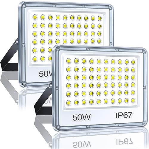 YIQIBRO 50W LED Floodlight Outdoor 2 Pack, IP67 Waterproof Outside Security Lights, 5000LM 7000K Cool White LED Floods Light Outdoor Spotlight for Garden, Garage, Warehouse, Workshop, Factory