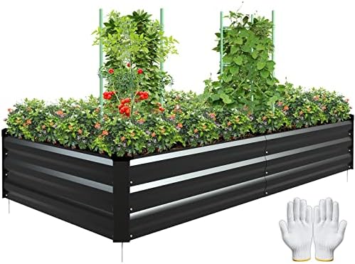 Raised Garden Bed, Galvanized Raised Garden Beds Outdoor for Vegetables Flowers Herbs, Steel Planter Box with Metal Fix Stakes Raised Garden Bed Kit with 2Pcs Tomato Cage and 1Pc Gloves, Black 8×4×1FT