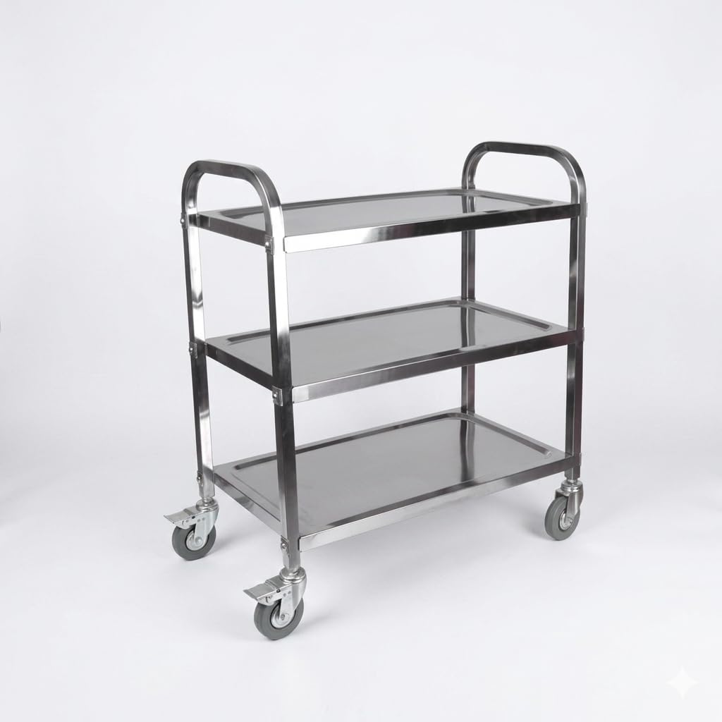 Carro de Servicio Acero Inoxidable 3 Bandejas 86,5x45x89,5 cm | Ruedas Giratorias con Freno Ø100 mm | Capacidad 60 kg | Hostelería, Cocinas y Restauración