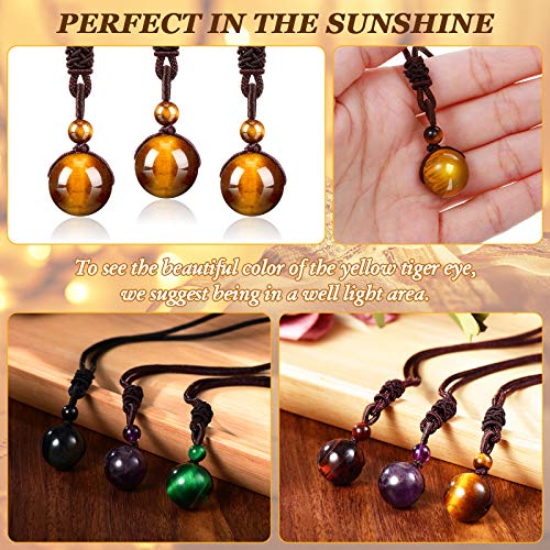 Yaomiao 5 Pcs Tiger Eye Chakra Round Bead Pendant Necklace Natural Quartz Amethyst Obsidian Turquoise Healing Crystal Pendant with Adjustable Nylon Rope4