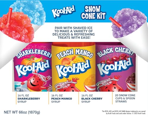 Image of Kool-Aid Snow Cone Syrup Party Kit - Sharkleberry, Peach Mango, Black Cherry - 20 Snow Cone Cups & Spoon Straws