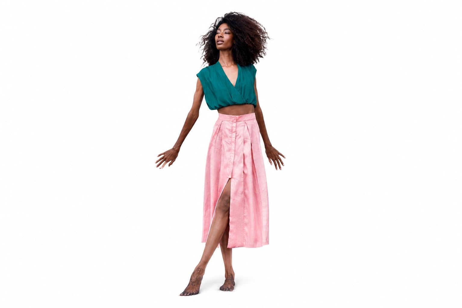 TATI Women's Pink Linen Midi Skirt with Front Slit