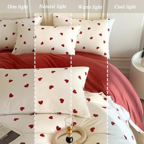 Image of Heart Duvet Cover Set King Red White Heart Bedding Set Reversible,Microfiber Comforter Cover Sets Striped Includes 1 Duvet Cover and 2 Pillow Shams