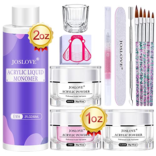 JOSLOVE Acrylic Nail Kit, Acrylic Powder and Liquid Set with 3 Colors Acrylic Powder(1 oz), Professional Acrylic Liquid Monomer (2 fl.oz), Nail Forms Acrylic Brush for Acrylic Nails Extension Beginner