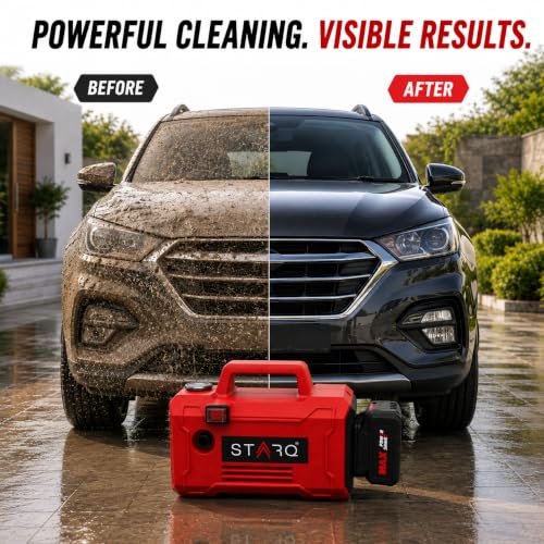 Image of STARQ TurboElite 48V Cordless High Pressure Washer, 1200 Watts, 120 Bar, 8 LPM, with 2 x 5000mAh Batteries, 8 Meter Hose Portable Car, Bike, and Home Cleaning (Double Battery Included)