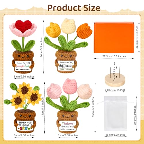 4 Pcs Thank You Gifts for Women, Positive Crochet Sunflower Tulip Heart Potted Plant Flower Dolls with Card Wooden Stands and Box, Teacher Employee Appreciation Gifts, Mothers Day, Birthday Gift by Bafeil - Used condition - Image 2