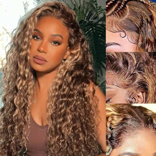 WPPIKK Highlight Lace Front Wig Human Hair 180 Density Brazilian Wet and Wavy Human Hair Wigs for Black Women Curly P4/27 Colored 13x4 Lace Frontal Wig (P4/27 Highlight Color, 28 Inch)