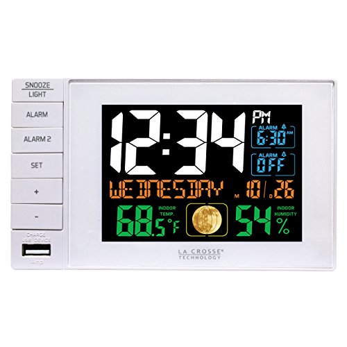 La Crosse Technology C87061 C87207 Color Dual Alarm Clock with USB Charging Port, White