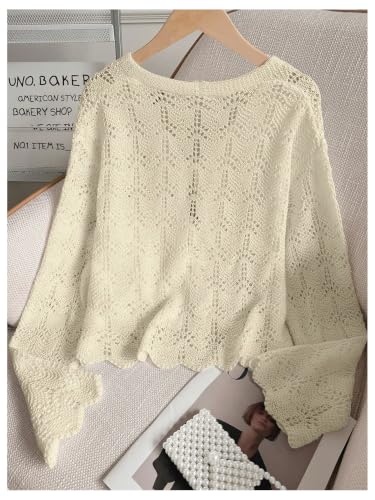 Image of SHENHE Women's Tie Front Cardigan Trumpet Sleeve Pointelle Knit Crop Tops