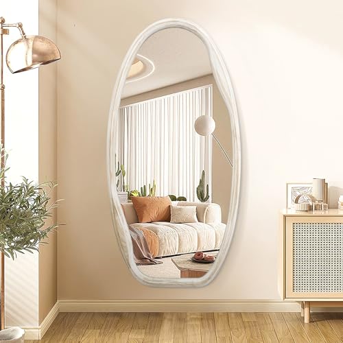JJUUYOU Espejo de pared irregular para baño, marco de madera, espejo ondulado de 100 x 50 cm, espejo grande asimétrico para colgar en vano, vidrio templado horizontal o verticalmente, blanco viejo
