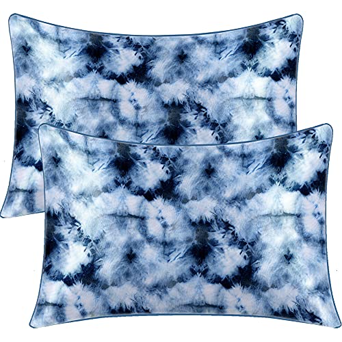 BlessLiving Satin Pillowcase Tie Dye Pillowcases Set of 2 Silky Pillow Cases for Men Boys 2 Pack Blue Pillowcase with Envelope Closure King(20''x40'')