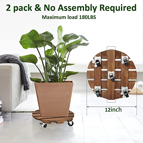 Yangbaga 2Pack Plant Caddy 12’’Wood Duty Rolling Plant Stand With 2 360° Lockable Caster Wheels,Indoor Outdoor On Roller Patio/Flower Pot/Succulent Pots thumb #2