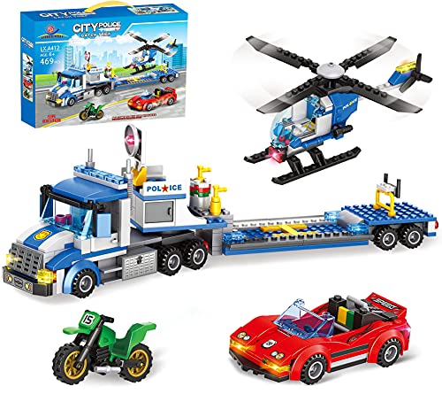 City Police Catch Thief Building Kit with City Police Helicopter Transport Truck Toy, Action Cop Helicopter, Motorbike, and Getaway Sports Car for Boys and Girls 6-12 (469 Pieces)