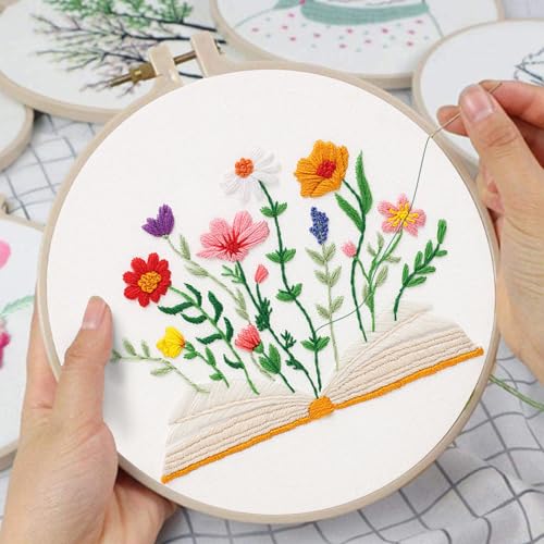 Image of Louise Maelys Book & Flowers Embroidery Kit for Beginners Decor Craft Gift | Needlepoint Kit with Pre-Printed Fabric, Hoop, Needles, Color Threads & Detailed Guide, DIY Cross Stitch Kits for Women
