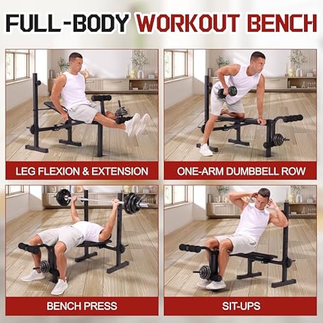 OPPSDECOR Multi-Function Weight Bench Set with Squat Rack Leg Extension & Leg Curl Adjustable Workout Bench for Full Body Fitness Foldable Flat/Incline/Decline Upgrade Bench Press for Home Gym