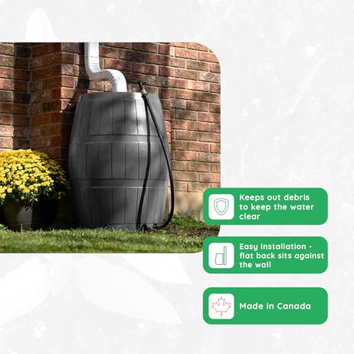 Image of FCMP Outdoor Raincatcher 4000, Flat-Back Rain Water Barrel, 50-Gallon, Gray - Rainwater Collection Storage Container w /Side Spigots, Mesh Screen, Garden and Overflow Hose & Linking Kit