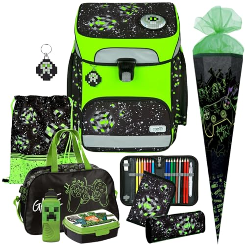 Pridera Scooli Schulranzen Jungen 1.Klasse EasyFit (9tlg. Set passend dazu Sporttasche Brotdose Trinkflasche Schultüte N, Space Robot - Pixel - Glow Edition)