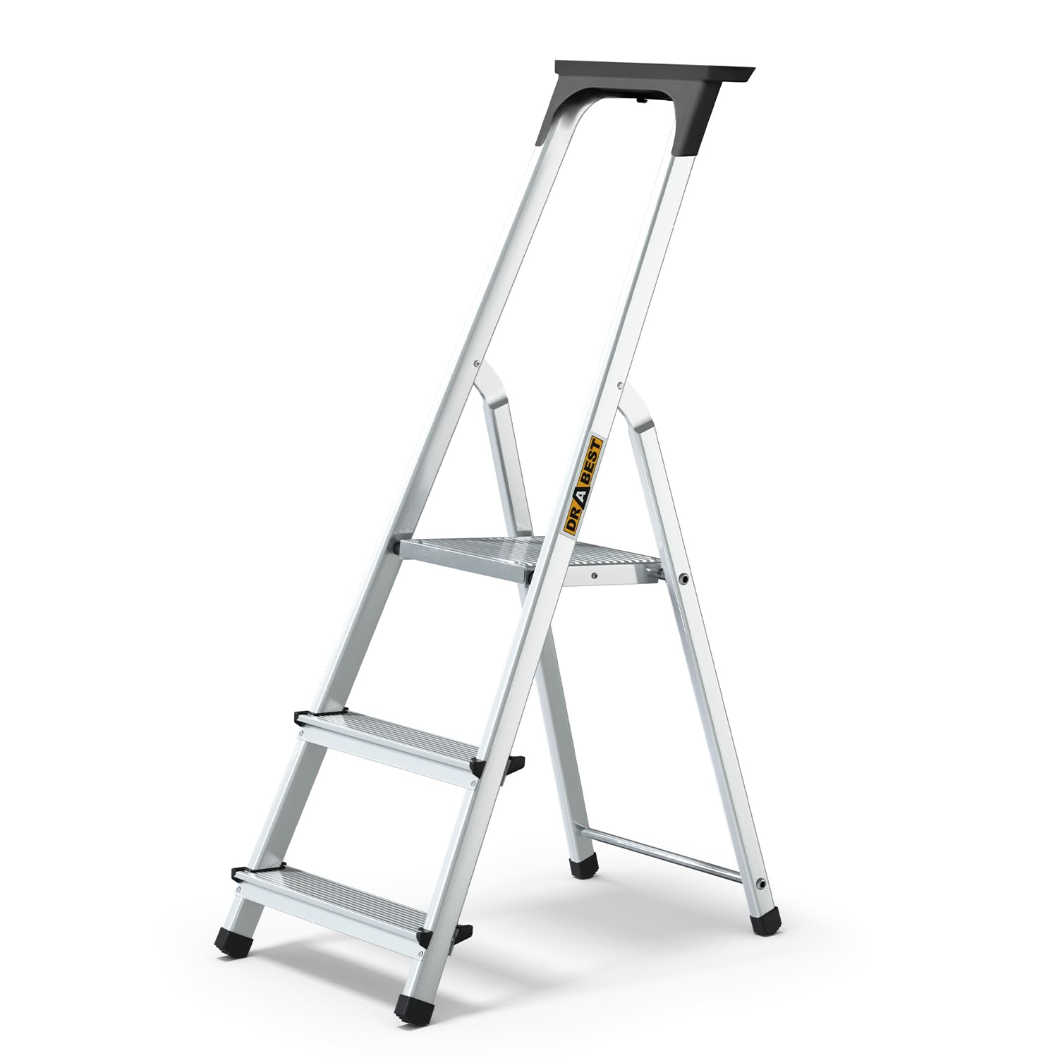 DRABEST 3 Step Ladder Folding - Aluminum Folding Ladder - Lader with a Tool Shelf & Work Platform - Stepladders 3 tread - Capacity 125 KG - Multi-Purpose Ladders - 40x121x11cm