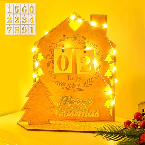 Dalugo Calendrier de l'Avent avec Guirlande Lumineuse, 24 Jours de Compte à Rebours de Calendrier de l'Avent en Bois, Surprises Décoration de Noël en Bois...