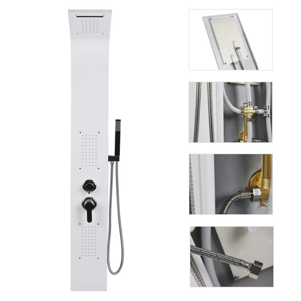 Columna de ducha hidromasaje panel de acero inoxidable 304 mezclador 5 funciones ducha spa baño altura: 140 cm – proceso de pulido (blanco)