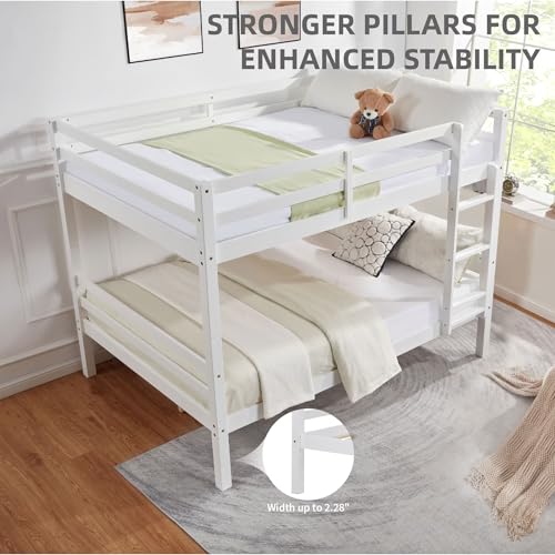 Image of Softa Full Over Full Bunk Bed with High Guardrail and Ladder,Wooden Bunk Bed with High Guardrail and Ladder for Kids, Teens, Dorm Rooms, and Guest Rooms,No Box Spring Needed,White