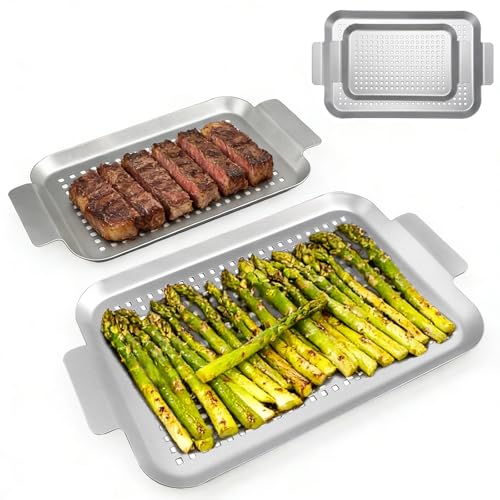 Grill Topper Grilling pans Set of 2, Non-Stick Barbecue Trays, 17' x10' and 13.3'x7.4' Durable Grill Pans with Holes, Metal Topper Baskets for Barbecue & Smoked Meat, Vegetables & Seafood