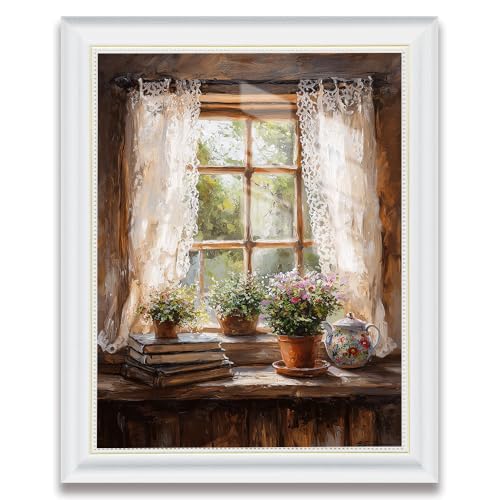 White Frame Rustic Window Still Life Wall Art, Vintage Cottage