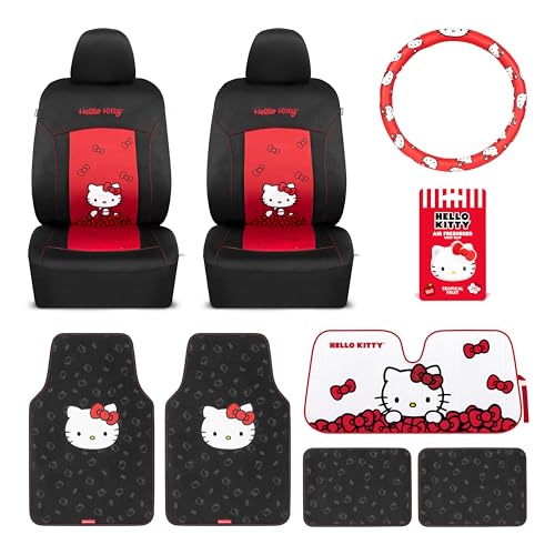 Carbella Hello Kitty Car Seat Covers Car Floor Mats Steering Wheel Cover Windshield Sun Shade for Car Gift Pack Car Air Freshener Black and Red Hello Kitty Car Accessories for Women 9pc Combo
