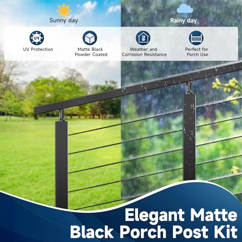 Image of 36 Inch Stair Cable Railing Post for Porch, Black Staircase Railing System for Outdoor Porch Wood Post, Including 1 Pack Sair Rail Post, 50FT Black 1 /8 inch Cable, 10 Thread Swage Lag Screws