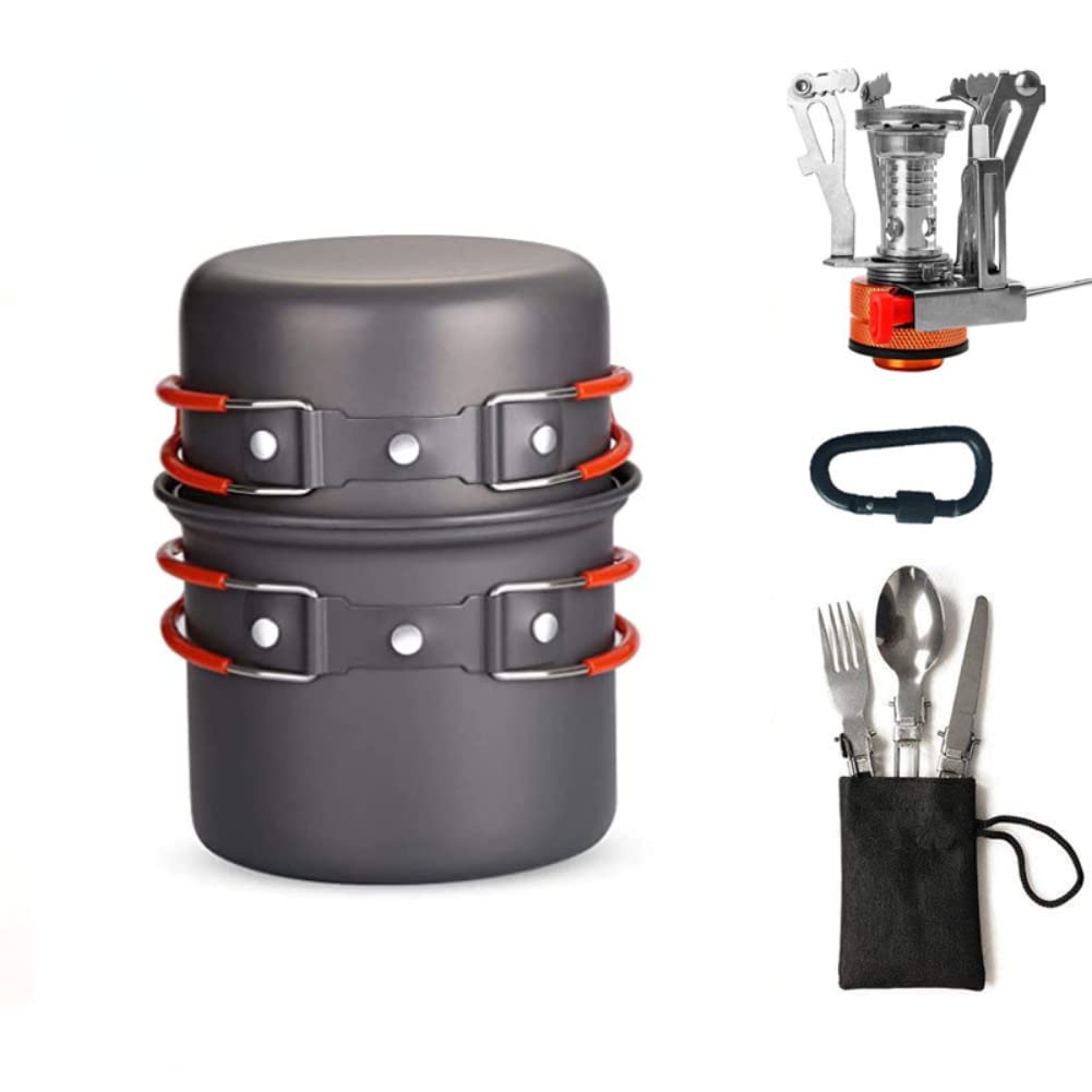Set di pentole da campeggio, pentola e padella da campeggio con mini fornello da campeggio, forchetta e staffa per serbatoio, attrezzatura da cucina per esterni, escursioni, picnic, falò