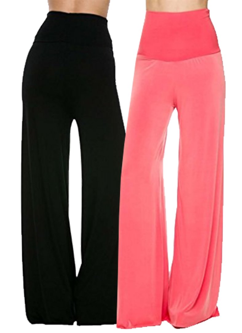 Wide Leg High Fold Over Waist Palazzo Pants (Large, 2 Pack: Black & Coral)
