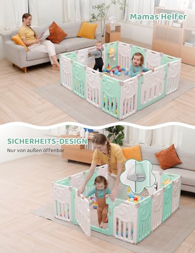 Dripex Laufstall Baby faltbar, laufgitter baby aus Kunststoff, laufstall mit Tür und Spielzeugboard, 150×150cm 14-Paneele, grün – Ansicht 7