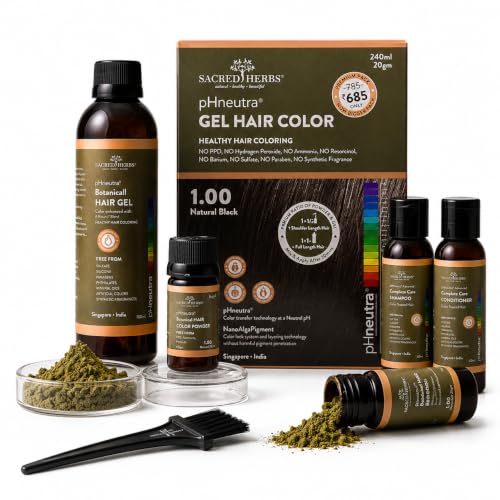 Image of SACRED HERBS Natural Gel Hair Color, Premium Pack | India's 1st pH Neutral Formula | Ammonia, PPD & Paraben Free | 20+ Herbal Actives, 100% Grey Coverage | Conditioning & Damage Free, For Women ( Natural Black 1.00 ) 240ml + 20gm