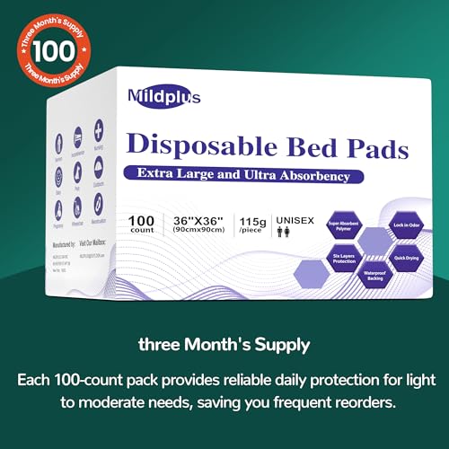 Image of MILDPLUS Disposable Bed Pads 36'' X 36'' Heavy Duty Underpads Extra Large Incontinence Pads for Unisex Adult, Senior, Kids and Pet (100 Count), Green, MP-Heavy-36X36