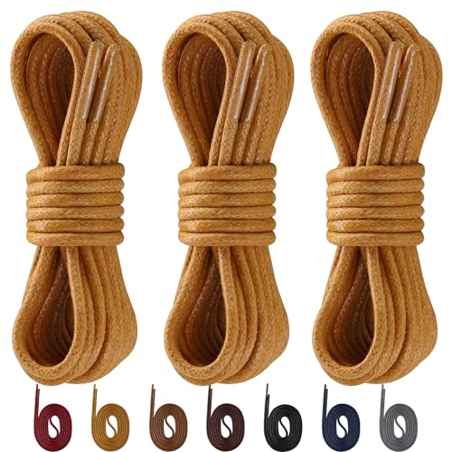 Pterybird Tan Waxed Laces For Oxford Dress Shoes Boots,3 Pairs 2/32 Inch Thin Round Replacement Strings For Women Men Kids cover