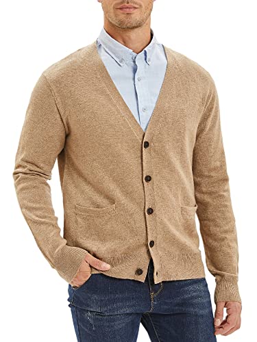 Kallspin Men's Cardigan Sweater Cashmere Wool Blend V Neck Buttons Cardigan With Pockets(Coffee, Large) #TOP21
