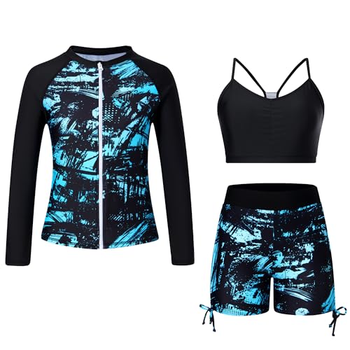 Image of Funnycokid Girls Swimsuit 3 Pieces Zip Rash Guard Bathing Suits Set Kids Bikini Boyshort Summer Swimwear 3-14 Years