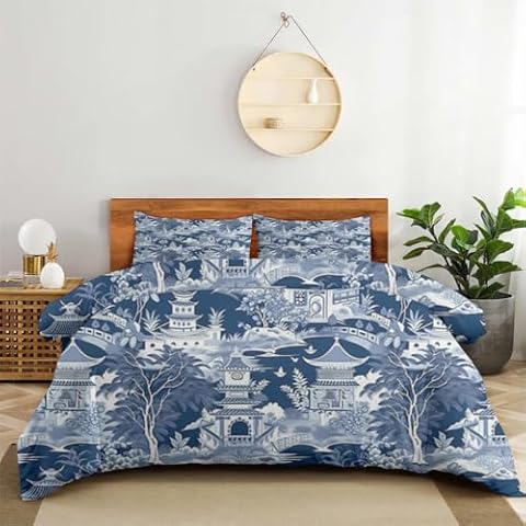 XIAOHUOZI Bedding Sheet Bed Sets - Blue and White Chinese Chinoiserie Vintage Art Soft 3-Pieces Duvet Cover Set 1 Duvet Cover with 2 Pillow Shams Queen(90"×90") Cover