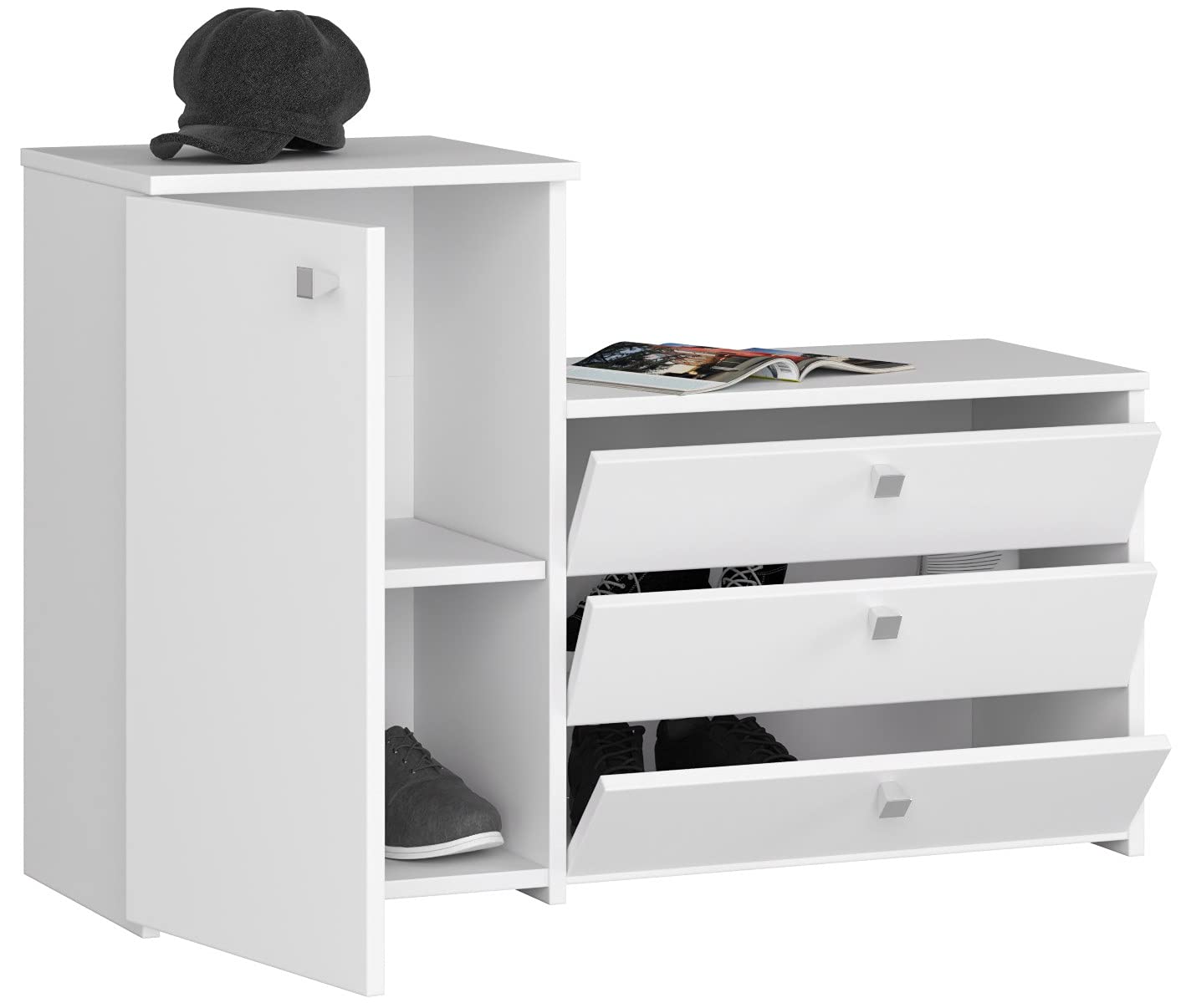 Shane schoenenkast 4 klapdeuren 2R, 1 spiegeldeur eikenstructuur decor, wit hoogglans