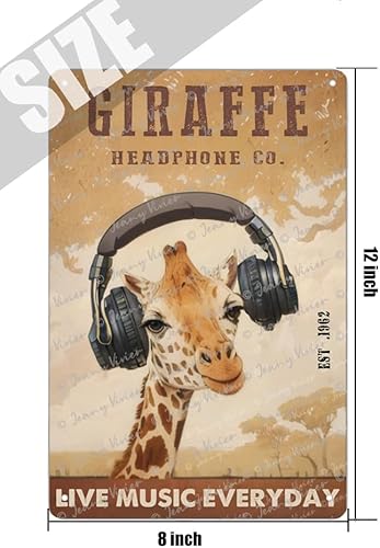 Miniatura 5 de Giraffe Headphone Co - Póster de música en vivo para todos los días, letrero de metal vintage, divertido póster de jirafa para el hogar, cocina,