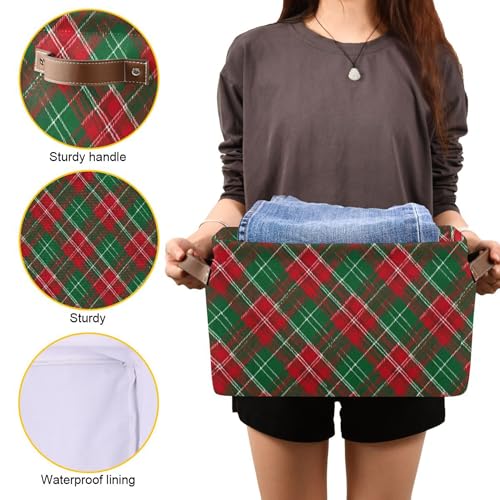 Image of Christmas Buffalo Plaid Storage Basket with Waterproof Liner and PU Handles Winter Green Red Checked Storage Bins Boxes 14.2 inch Collapsible Decorative Organizer Baskets for Bedroom Closet Office 1 Pack