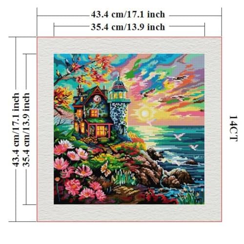 Image of ITSTITCH Stamped Cross Stitch Kits - Full Range of Embroidery Patterns for Beginners or Adults,14 CT 2 Strands DIY Counted Needlepoint Arts Craft-Seaside Lighthouse 16.9x16.9 inch