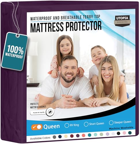 Utopia Bedding Waterproof Mattress Protector Queen Size, Premium Terry Mattress Cover 200 GSM, Breathable, Fitted Style with Stretchable Pockets (Purple)