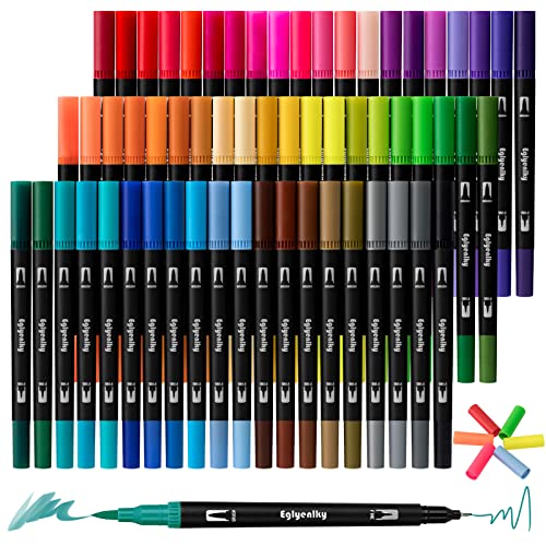 Image of Eglyenlky 60 Coloring Pens for Adult Coloring Books, Dual Tip Brush Pens, Felt Markers with Fine and Brush Watercolor Marker Set for Kid Adult Artist Drawing